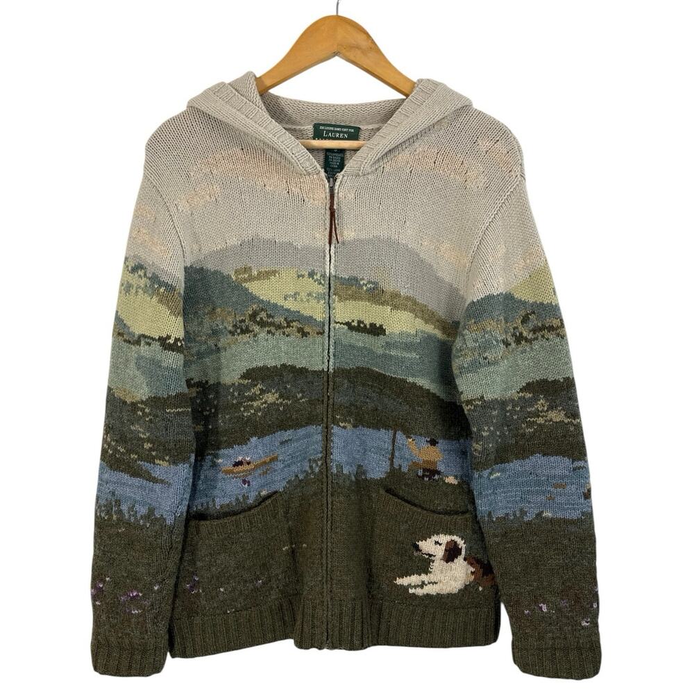 Lauren Ralph Lauren  Hand Knit Lambswool Hoodie Sweater Equestrian Horse Scenic - Picture 13 of 15